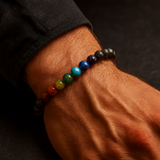 7 Chakra Pyrite Manifestation & Prosperity Bracelet — Worn on Male Wrist Luxury Executive Lifestyle