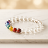 7 Chakra Clear Quartz Master Healer Bracelet — Luxury Carrara Marble Studio Display