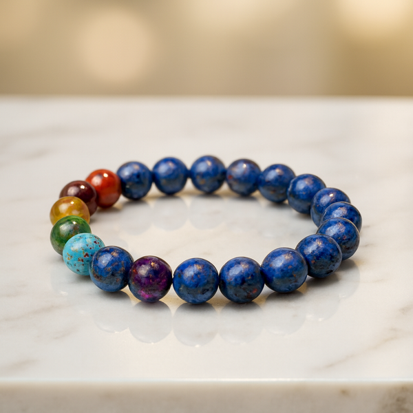 7 Chakra Lapis Lazuli Royal Wisdom Bracelet — Luxury Carrara Marble Studio Display