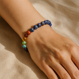 7 Chakra Lapis Lazuli Royal Wisdom Bracelet — Worn on Female Wrist Editorial Lifestyle