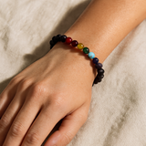7 Chakra Lava Stone Grounding & Aromatherapy Bracelet — Worn on Female Wrist Editorial Lifestyle