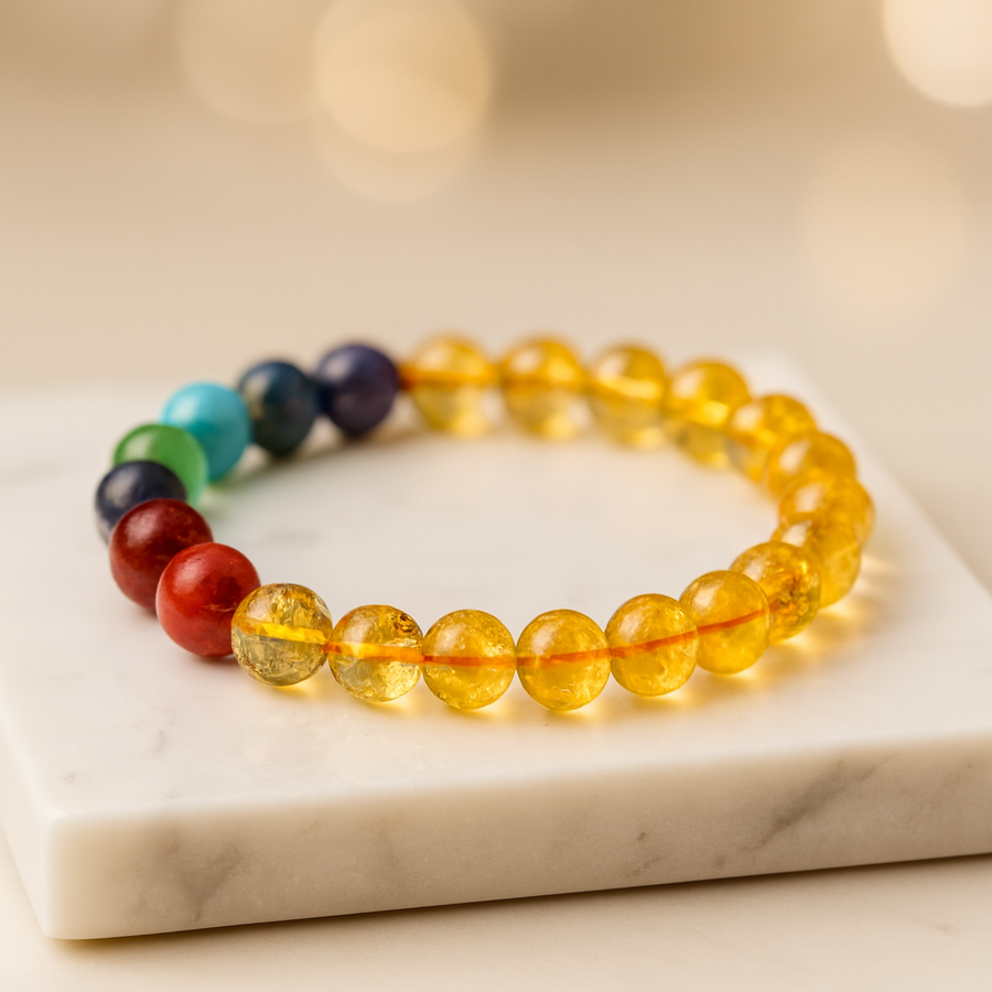 7 Chakra Citrine Solar Wealth Bracelet — Luxury Carrara Marble Studio Display