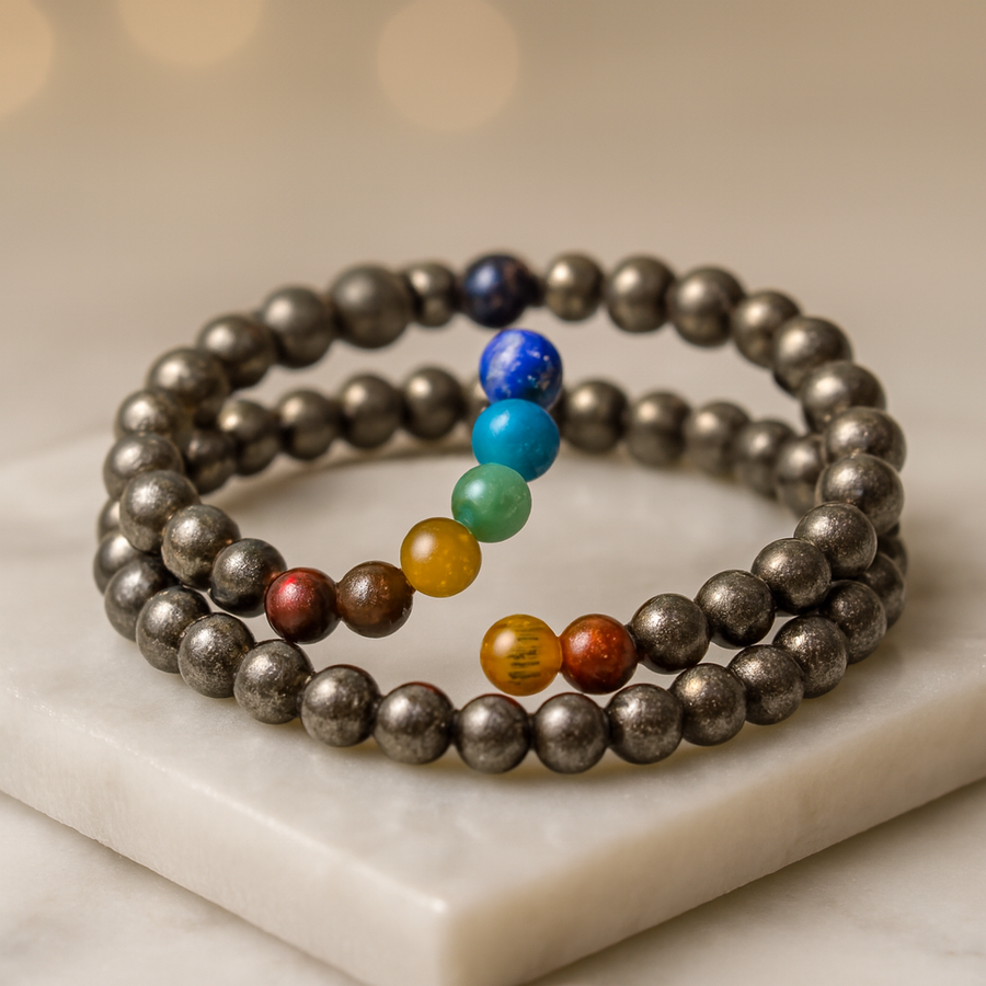 7 Chakra Pyrite Manifestation & Prosperity Bracelet — Luxury Carrara Marble Studio Display
