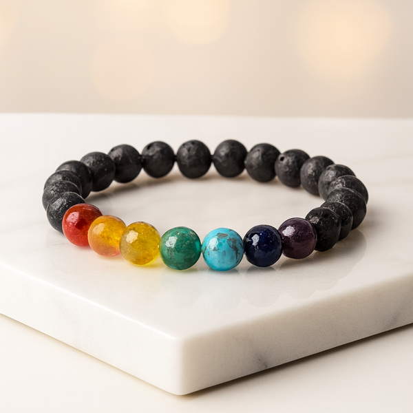 7 Chakra Lava Stone Grounding & Aromatherapy Bracelet — Luxury Carrara Marble Studio Display