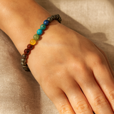 7 Chakra Pyrite Manifestation & Prosperity Bracelet — Worn on Female Wrist Editorial Lifestyle
